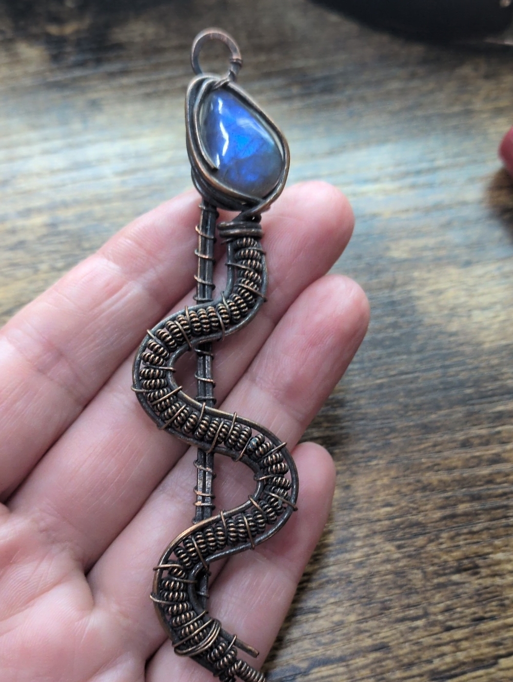 Handmade Copper Snake Wire-Wrapped Pendant with Blue Labradorite Stone
